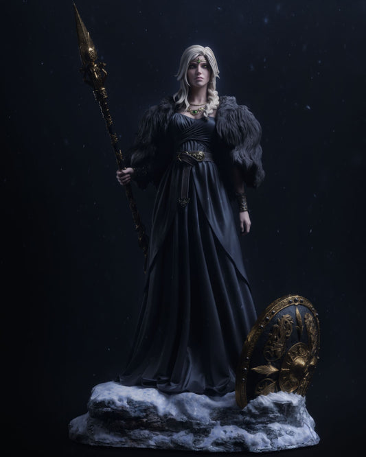 Full view of Freyja standing with a staff and shield, displayed on a snowy base.