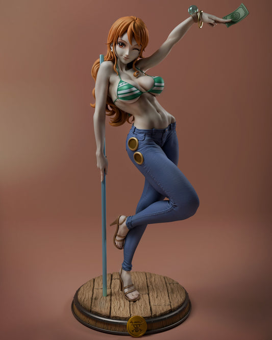 Front view of Nami collectible figure from One Piece, standing confidently with a playful expression, holding money and her signature staff, detailed in a vibrant outfit.