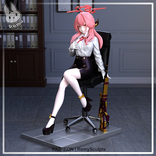 Rikuhachima Aru Blue Archive figure front view showing seated pose with legs crossed, white blouse, dark skirt, office chair, rifle on the side, and tiled display base for 1:7 scale collectible.