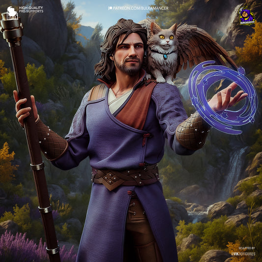 Color render close-up of Gale in purple robes conjuring magic with Tara on his shoulder, set against a mountainous forest backdrop.