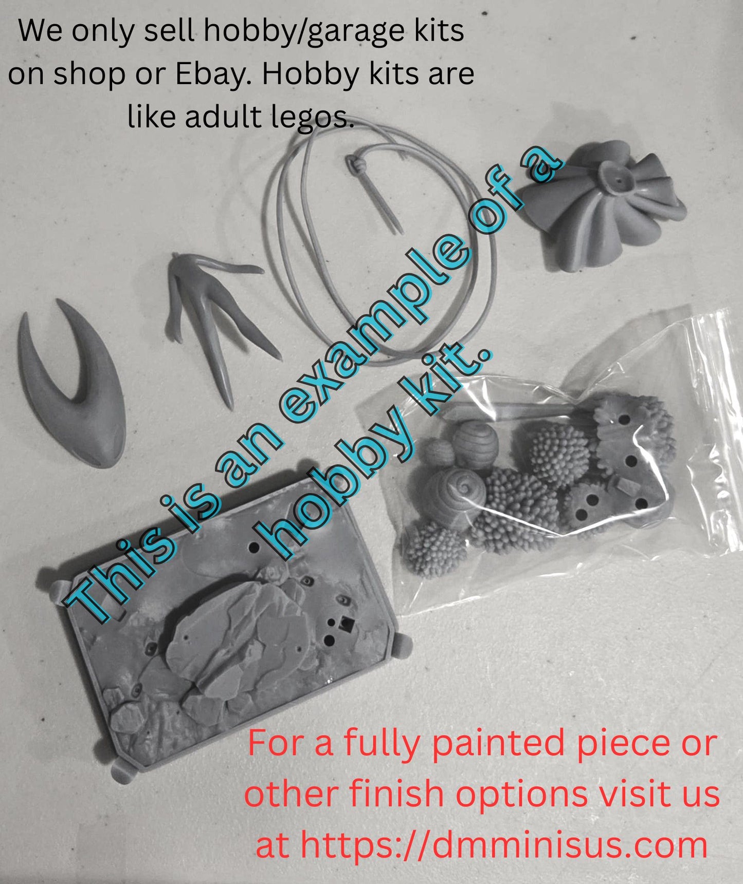 Unassembled parts on a white background with text indicating it's not the actual product.