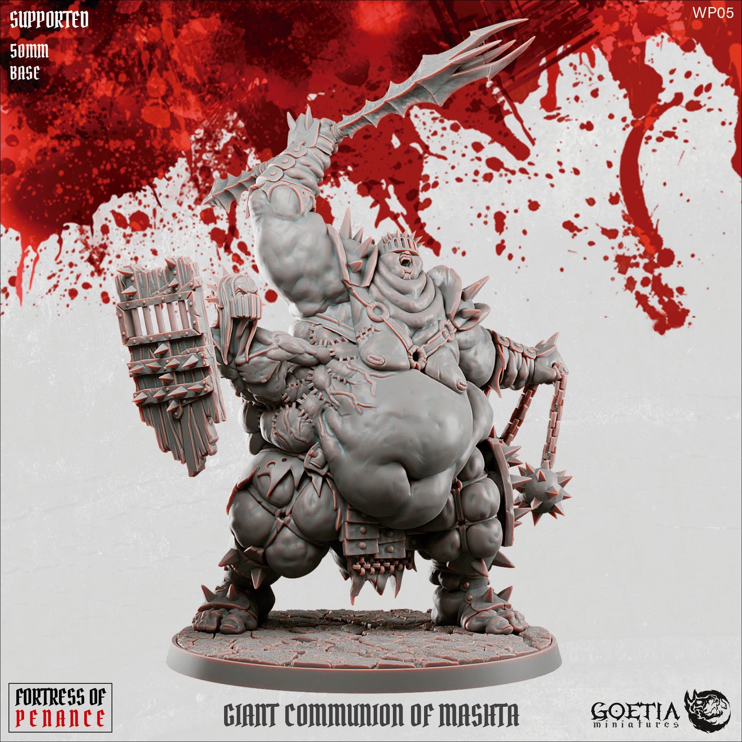Giant Communion of Mashta humanoid ogrekin cult brute miniature from Fortress of Penance wielding a chain flail and heavy cleaver, grotesque stitched elf fused at its hip, massive armored brute posed roaring on a cracked stone base, grimdark Dungeons and Dragons tabletop miniature