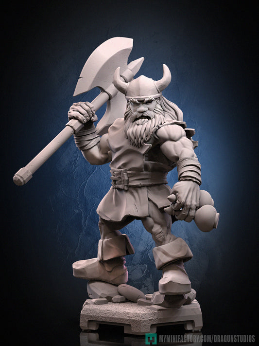 Front Pose - Render: Front view of Gils Stormhead dwarf miniature in raw render, axe resting over shoulder, wearing a horned helmet and thick boots.