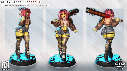Three painted angles of Glitzy Gobbo Bashbelle showing front, side, and rear poses with spiked bat, short outfit, and glowing cracked base design.