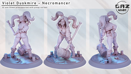 Gobbo Quinn, a goblin-inspired figurine, with twin ponytails and a large mallet, shown in multiple angles, 3D printable.