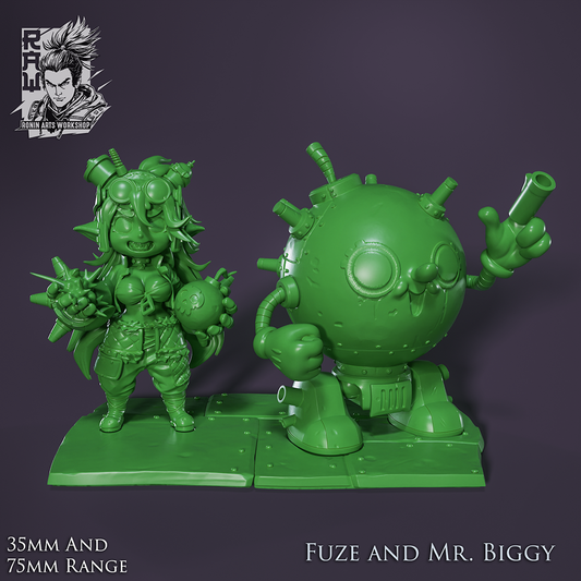 Unpainted render of Fuze, female goblin artificer, holding a bomb and standing next to Mr. Biggy, a round-legged mechanical construct with pipe arms and cartoonish features. Both stand on a riveted metal base.