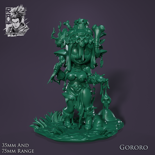 Unpainted render of Gororo, female goblin warlock, posed mid-cast with one hand dripping slime. She wears bone-decorated garb and a skull crown, standing on a base filled with RPG monster slimes and warped terrain.