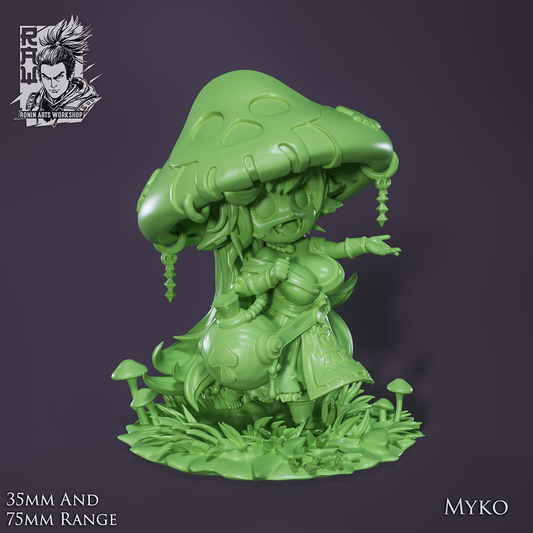 Unpainted render of Myko, female goblin druid, pointing outward while wearing a large mushroom cap and leafy robes. She stands on a mushroom-covered grassy base with a potion flask hanging from her belt and long hair cascading down her back.