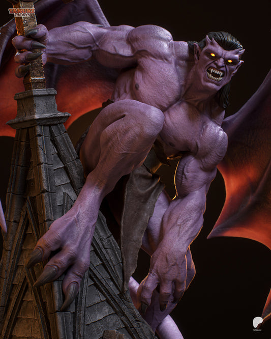 Close-up of Goliath snarling with bared fangs, fierce eyes glowing, crouched on spire, emphasizing dynamic Gargoyles character design.