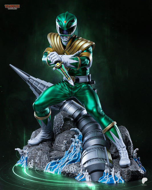 Green Ranger Power Rangers 1:6 scale figure full front view in combat pose holding Dragon Dagger, emerald armor, gold chest shield, rocky diorama base with water splash effects and drill-like mechanical element.