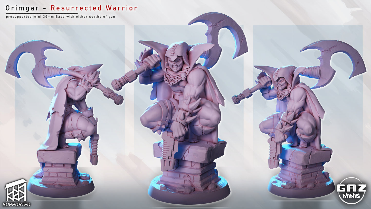 Grimgar resurrected warrior Spawn inspired miniature gun weapon undead antihero crouching pose grim sci fi tabletop