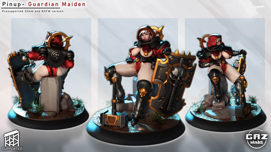 Guardian Maiden shown from back, front, and side in red and black armor, posed seated with base terrain and weapons.