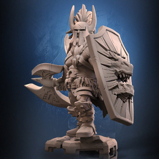 Hagall holding a large axe, showcasing intricate armor details, helmet plume, and rugged clothing ideal for dark fantasy games.