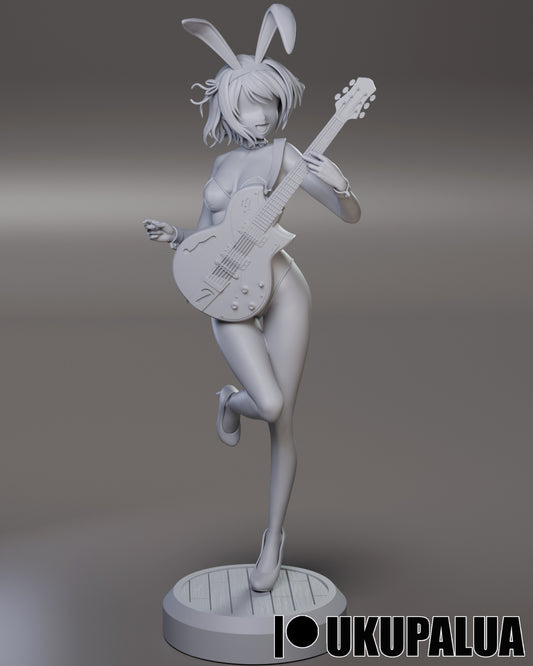 Full grayscale render of Haruhi Suzumiya posed with one leg raised, holding guitar, and standing on circular base