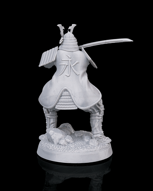 Haruka miniature rear view featuring backplate kanji engraving, detailed armor layers, and helmet crest with flowing robes.