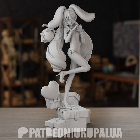 Grayscale front view of Henya the Genius figure with hands forming a heart, long hair, bunny ears, and high heels on heart base
