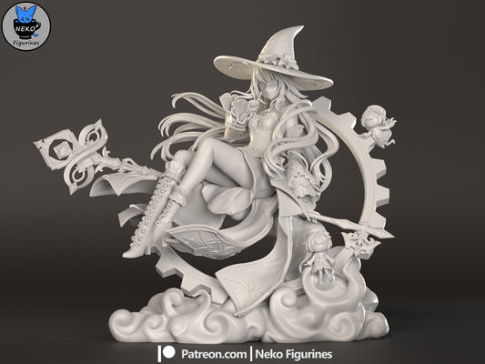 The Herta Honkai Star Rail collectible figure seated on floating gear ring holding arcane staff witch hat flowing hair