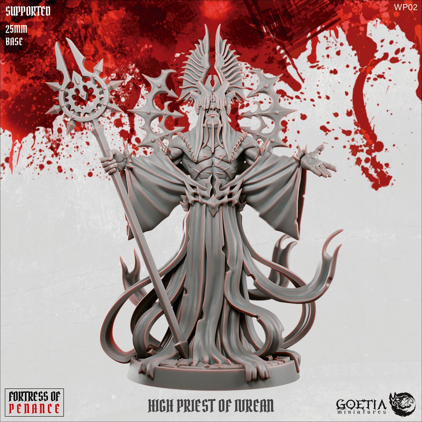 High Priest of Ivrean aberration cult leader miniature from Fortress of Penance wearing flowing ritual robes and an alien crown, holding a ceremonial staff, tentacled lower body posed on a stone base, grimdark Dungeons and Dragons tabletop miniature