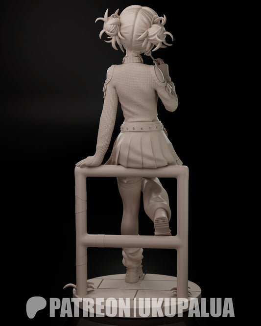 Himiko Toga collectible figure unpainted rear view, leaning against metal railing on display base, detailed hair sculpt, long sleeve top, pleated skirt, leg warmers, platform shoes