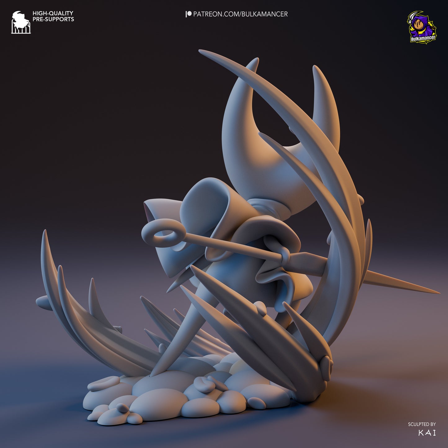 Chibi Hornet Hollow Knight Silksong figurine unpainted back view with swirling base and flowing cloak details