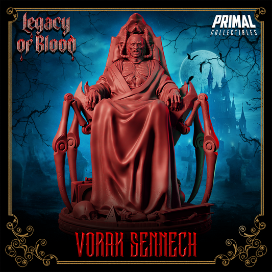 Front view of Vorak Sennech miniature sitting in a throne with spider legs, wearing flowing robes and mechanical tubes attached to his head, skeletal face snarling.