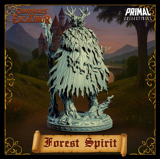 Forest Spirit miniature rear view with flowing leaf cloak, layered foliage textures, tree-root legs, staff resting at side, towering forest guardian stance, mythic fantasy creature miniature