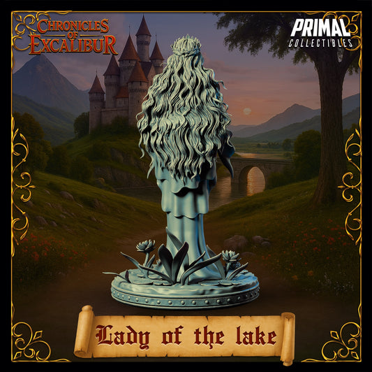 Lady of the Lake miniature rear view, back view flowing hair and layered robes, plant-covered base, tranquil guardian pose, Arthurian fantasy miniature, Chronicles of Excalibur