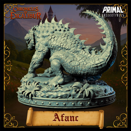 Afanc miniature rear view, armored scaled back, heavy spined tail, thick hind legs, beast turned away pose, ancient lake monster miniature, Chronicles of Excalibur