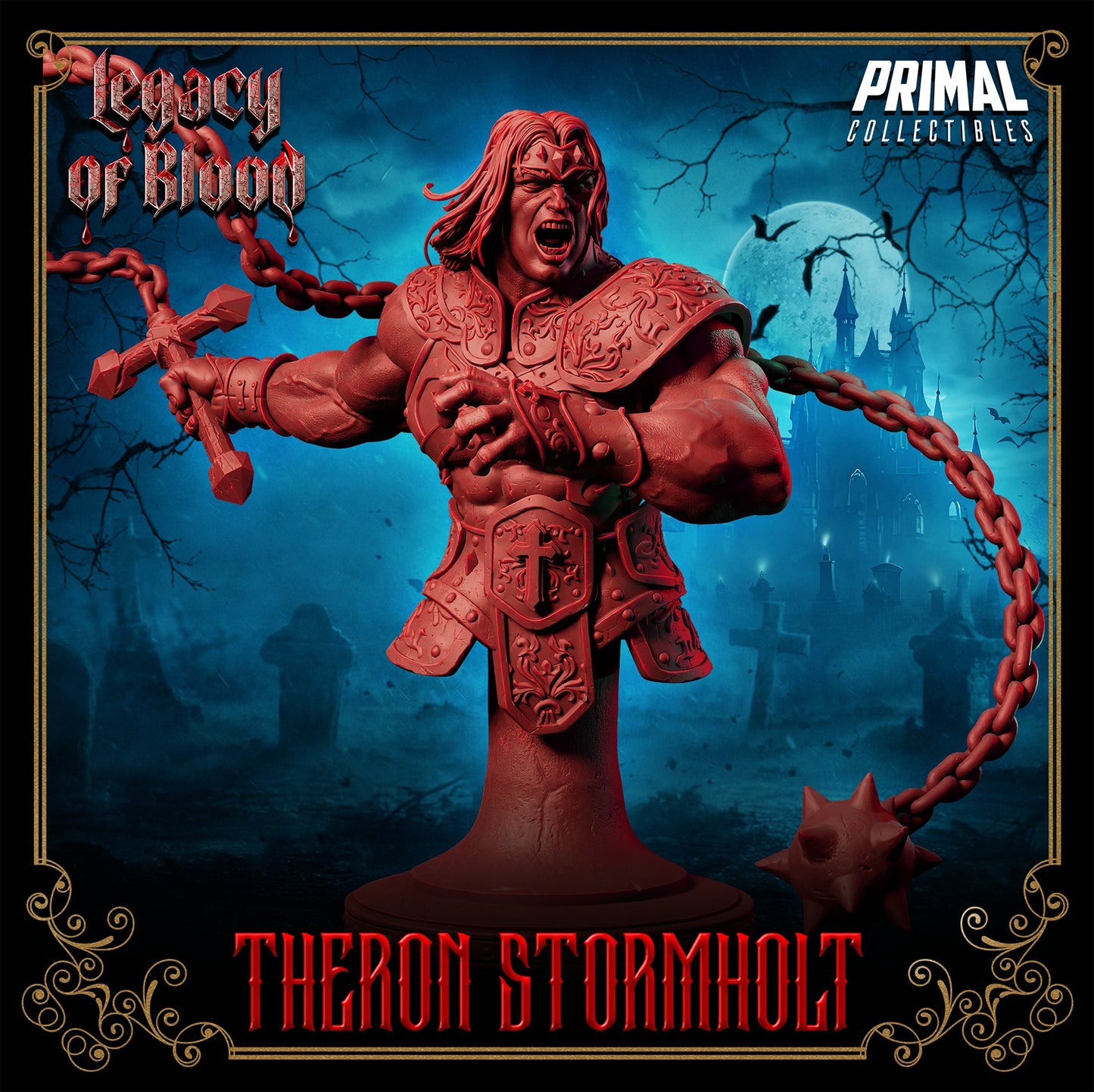 Bust view of Theron Stormholt with chain flail drawn back, clad in engraved chest armor, shouting in battle rage.