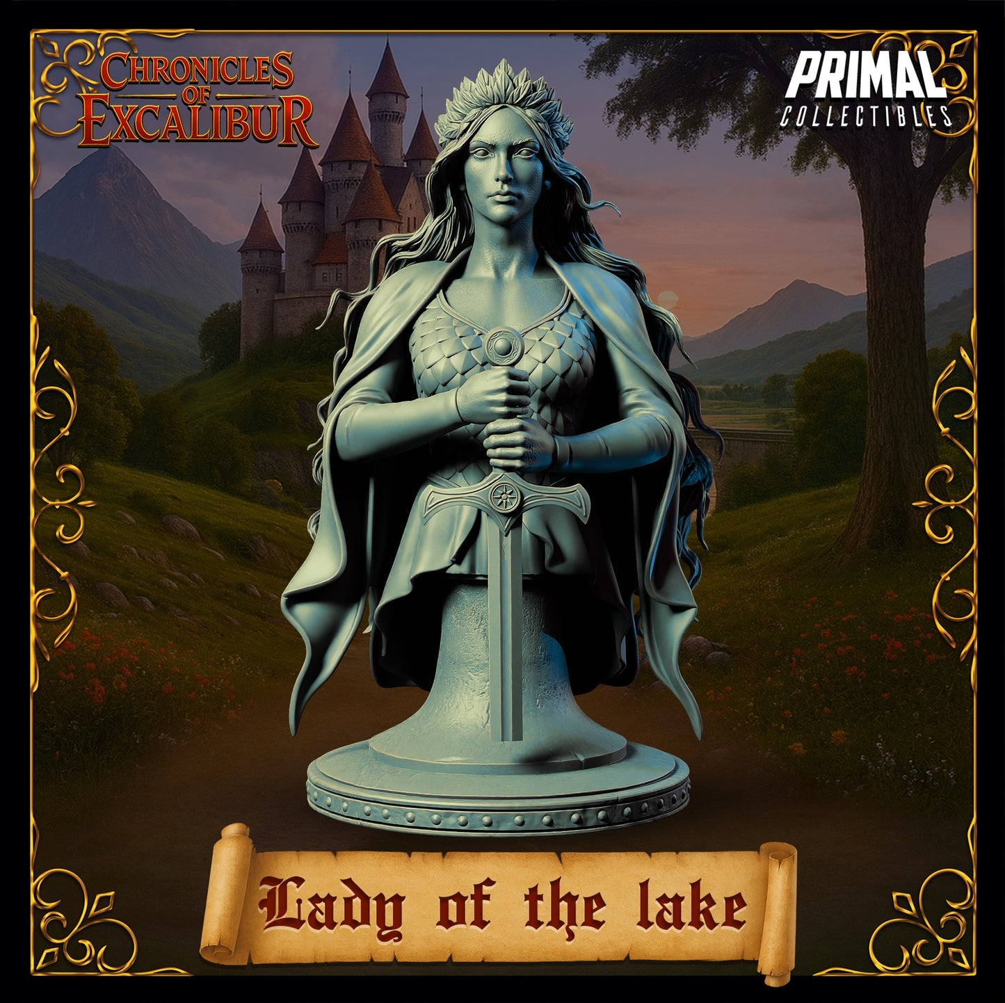 Lady of the Lake miniature full body view, standing female figure with long gown and floral base details, hands clasped on sword hilt, calm ritual stance, Arthurian myth miniature, Chronicles of Excalibur