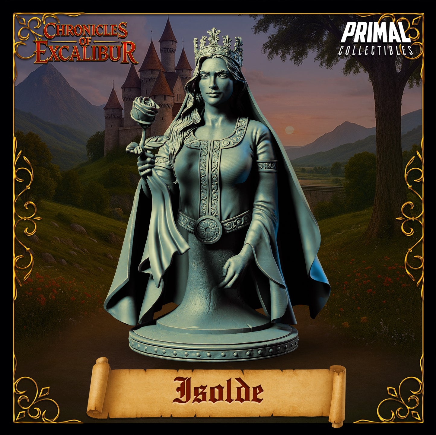Isolde princess miniature front view showing crown, long hair, rose held in hand, ornate gown bodice, composed regal expression, fantasy noble miniature