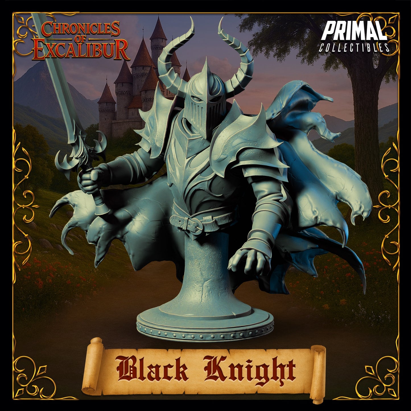 Black Knight miniature bust view with horned helmet, armored torso, sword held forward, cloak flaring behind, cursed undead knight antagonist, dark fantasy D&D miniature