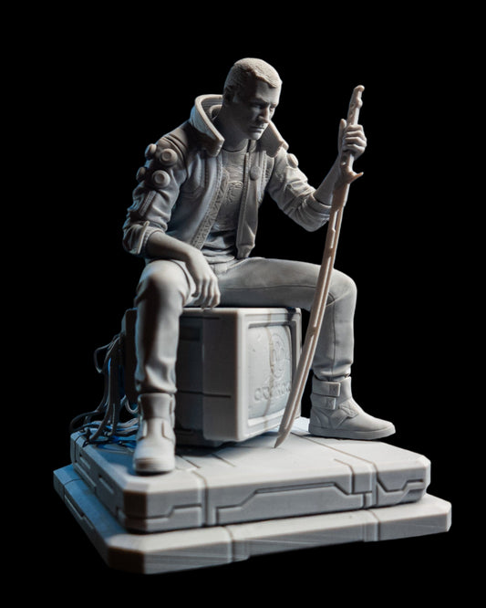 Front view of Male V figure seated with one hand resting on knee and other holding a katana, showing facial detail and futuristic base