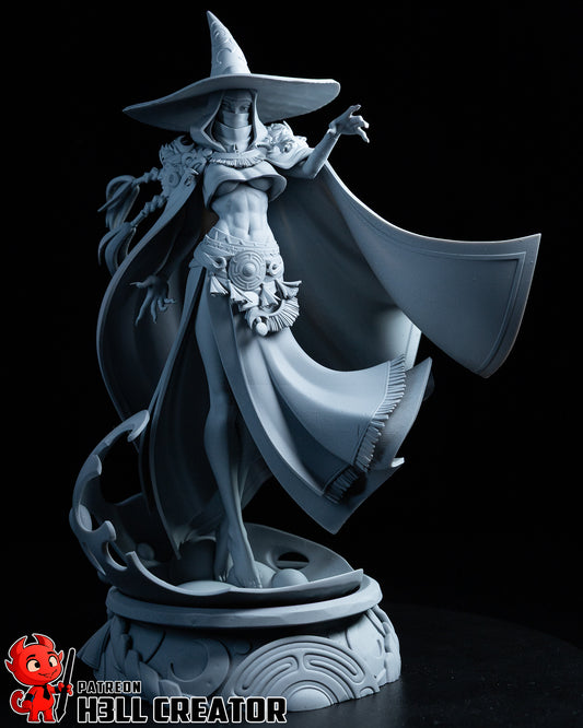 Hecate collectible figure front view, wearing a large wizard hat, cloak flowing behind her, mid-cast gesture, intricate belt and jewelry.