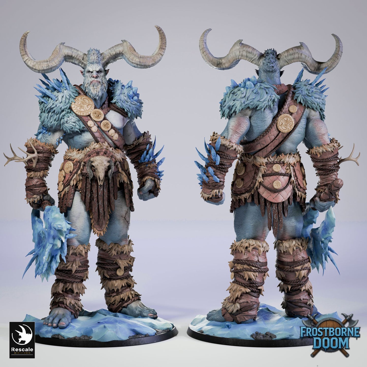 Ice Giant Thulgar miniature front view holding icy club and adorned with fur and bone armor.