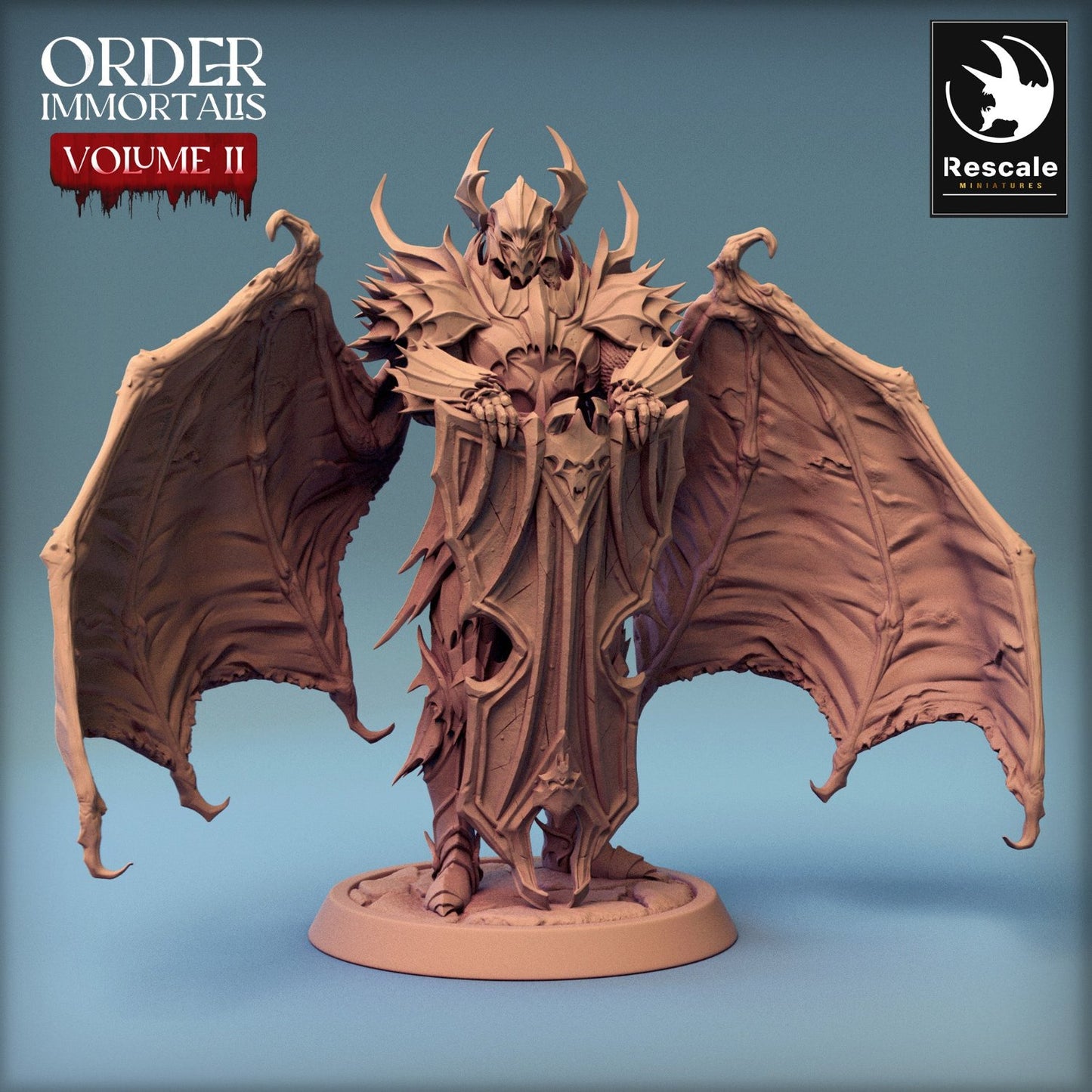 Immortalis Draven Evernight figure relaxed with wings outstretched, leaning on it's shield, and wearing spiked armor,