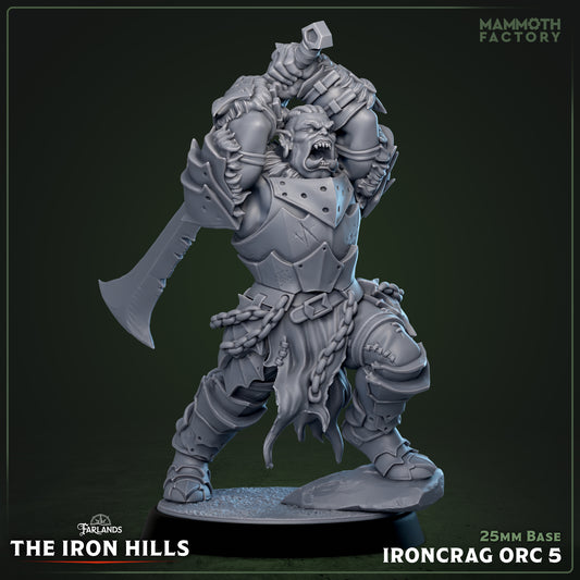 Ironcrag Orc berserker raising sword overhead in roaring attack pose heavy armor
