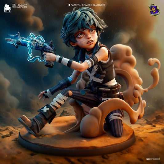 A detailed 3D-printed figurine of Isha from Arcane/League of Legends, posed dynamically holding a glowing weapon, wearing layered, patched clothing, and surrounded by a swirling smoke-like base. Perfect as a collectible or for painting projects.