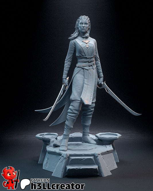 Gray resin render of Jaheira's full figure from front angle, highlighting the sculpted textures and dual blades.