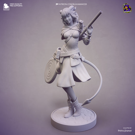 Jester Mighty Nein unpainted collectible statue displaying cleric attire, candy mace weapon, tail sculpt, and balanced standing pose