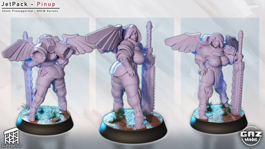 Triple view render of the uncolored JetPack Pinup, highlighting her chainsword, winged jump pack, and stylized power armor with exposed features. Suitable for sci-fi tabletop settings like Starfinder.