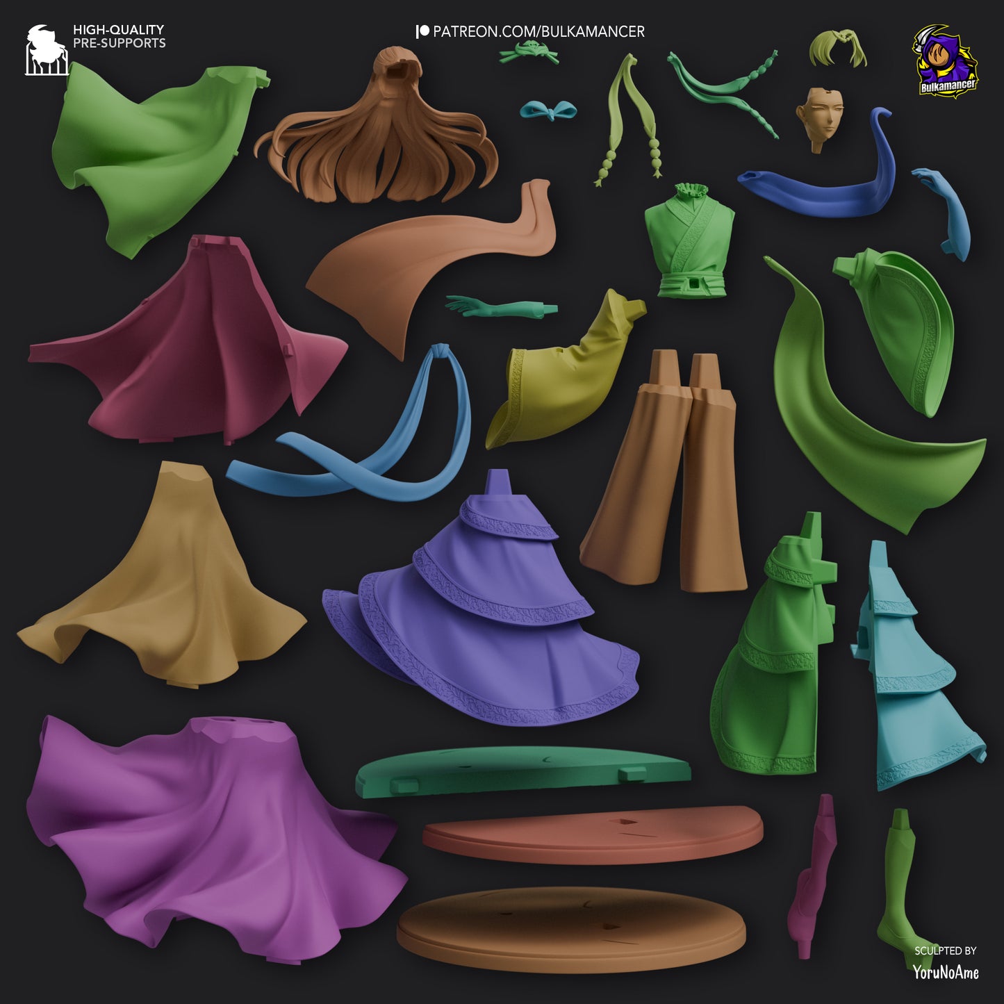 Exploded parts view showing 25 modular components including flowing sleeves, robe layers, sash, and base.