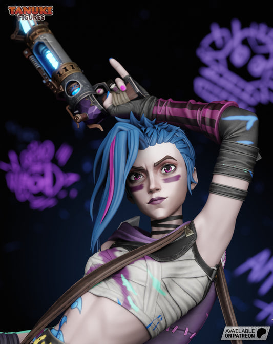 Close-up of Jinx’s smirking face with pink eye shadow and electric blue hair, holding her glowing gun aloft.