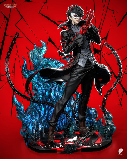 Full figure of Joker Persona 5 statue with chains and blue flame effects on dynamic base