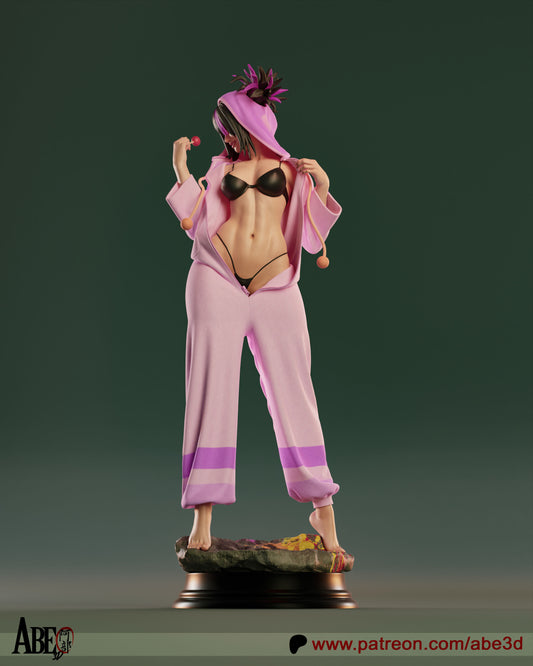Juri Han 1:4 scale figure wearing pajama outfit, standing barefoot on decorative base, playful pose, Street Fighter collectible statue