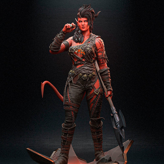 Tiefling female warrior in studded leather armor holding a double-headed axe, posed with one fist raised, standing atop a fractured molten base.