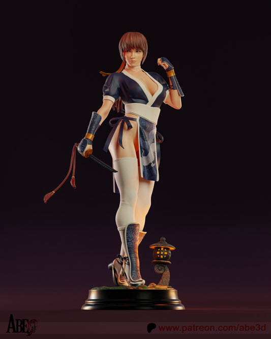 Kasumi Dead or Alive 1:4 scale figure SFW outfit in blue kunoichi attire with open sides and sword in hand.