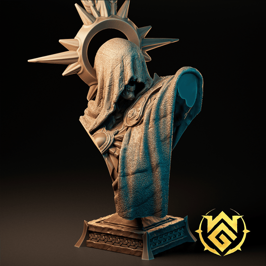 Ket’thurac Kret bust figurine showing a hooded lich with skeletal face, sunburst halo, and textured robes, designed for Dungeons & Dragons or Pathfinder.