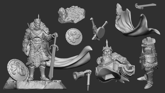 King Eonkar miniature parts including full body model, bust version, greatsword, shield, rocky base, flowing cape, torso components, arm segments, and assembly accessories.