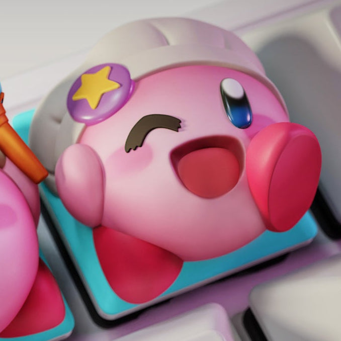 Winking star Kirby artisan keycap with playful expression and star accessory on mechanical keyboard key